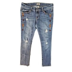 Mudd Women's Blue Denim Jeans Embellished tribal Distressed Skinny Size 11